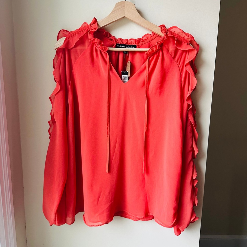 Catherine Malandrino Coral Red Ruffle Cold Shoulder Blouse Small‎ NWT
